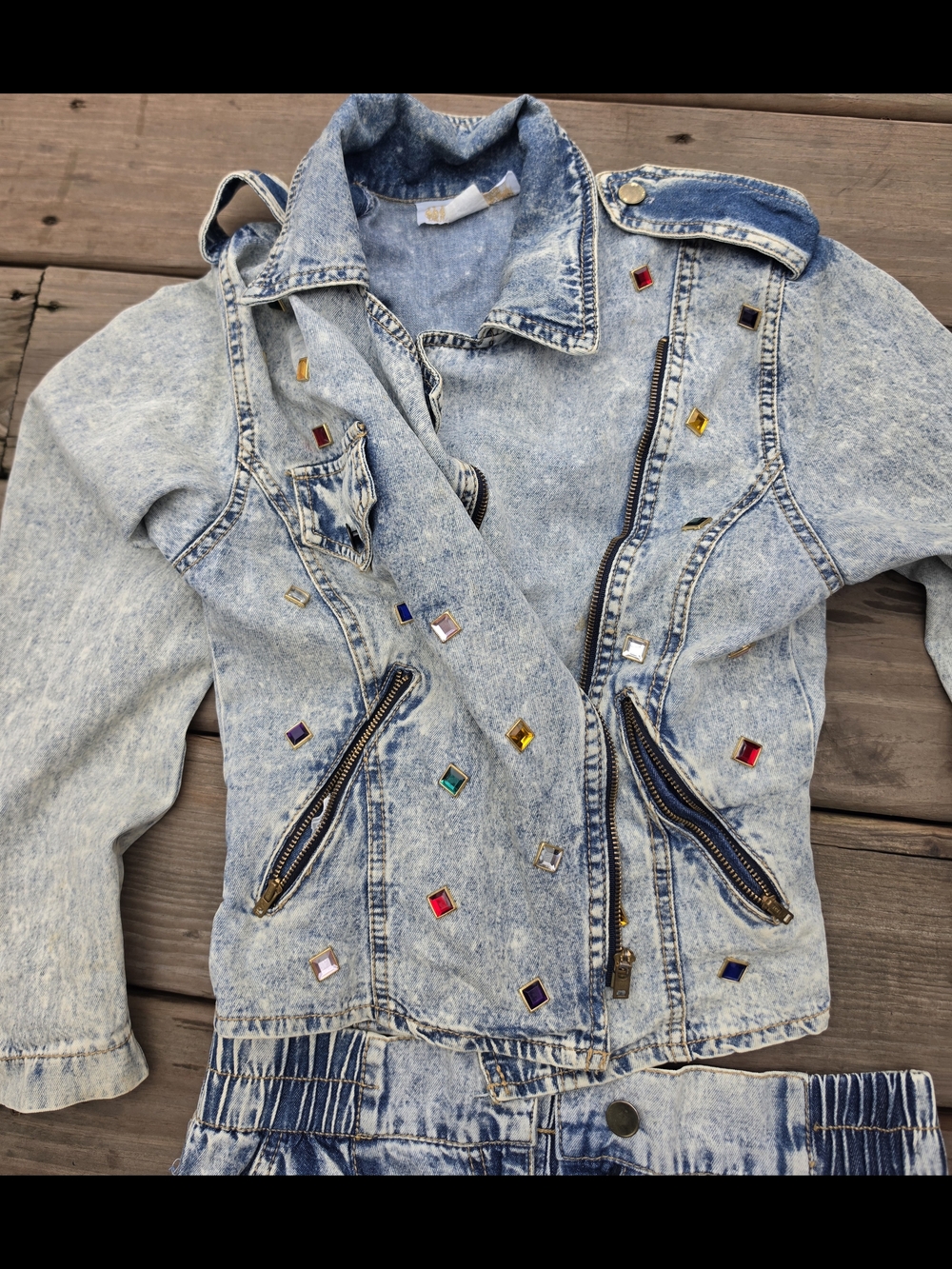 Girls' Light Blue Gem-Embellished Denim Jacket. Size 4